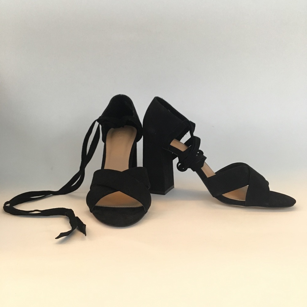 Loft lace up black suede leather block heel sandal